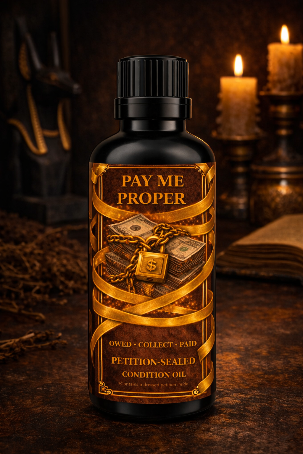 Pay Me Proper Condition Oil | Collect What’s Owed Conjure Oil | Petition-Sealed Money & Debt Rootwork